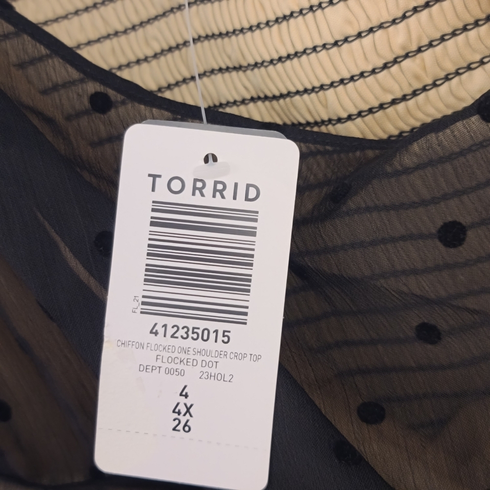 NWT - Torrid Chiffon Flocked One-Shoulder Crop Top – Black/Nude - Size 4X - Picture 6 of 16